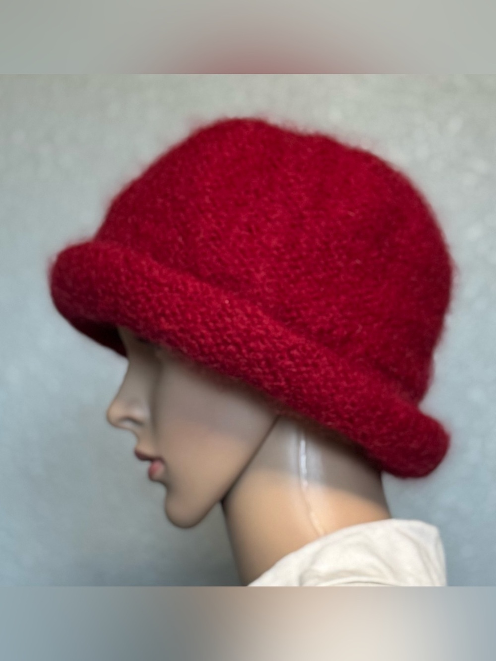 Wool/Mohair Red Knit Cloche Hat with a Rilled Brim Made in New Zealand